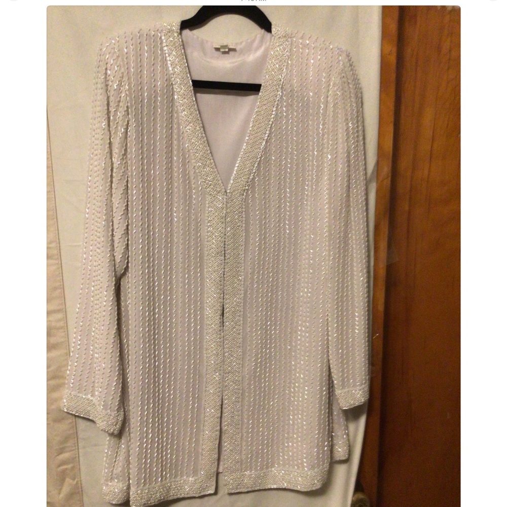 White beaded ,mother of the bride,wedding ,disco,night out jacket whimsical XL
